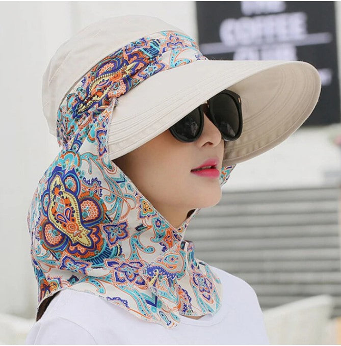 Comfortable Fashion Women Floral Print Sunhat Neck Face Wide Brim Hat