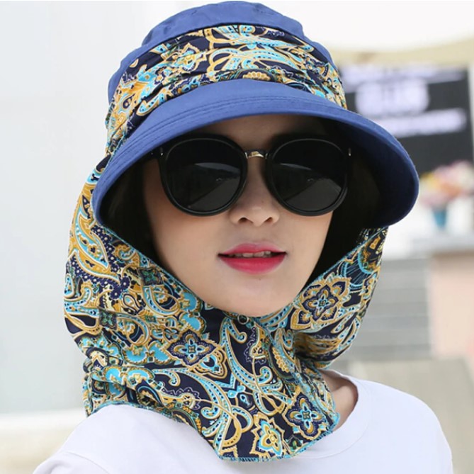 Comfortable Fashion Women Floral Print Sunhat Neck Face Wide Brim Hat