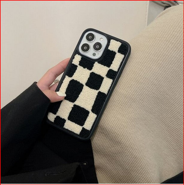 3D Plush Chequer Cover Case for Apple iPhone 15 14 13 12 Pro Max Plus