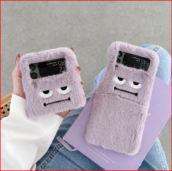 Cartoon Fluffy Fur Funny Face Cover Case For Samsung Galaxy Z Flip 3 4