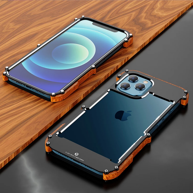 Aluminum Bumper Metal & Wood Case for Apple iPhone 15 14 13 Max Mini