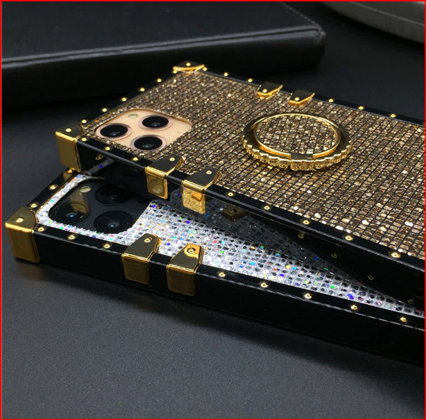 Bling Glitter Square Ring Case for Apple iPhone 15 14 13 12 11 Pro Max