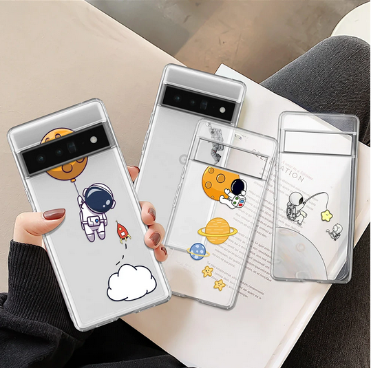 Cartoon Astronaut Star Clear Cover Case for Google Pixel 7 6 Pro 5A 4A