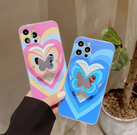 Heart Mirror Holder Stand Butterfly Case For Samsung Galaxy S23 S22