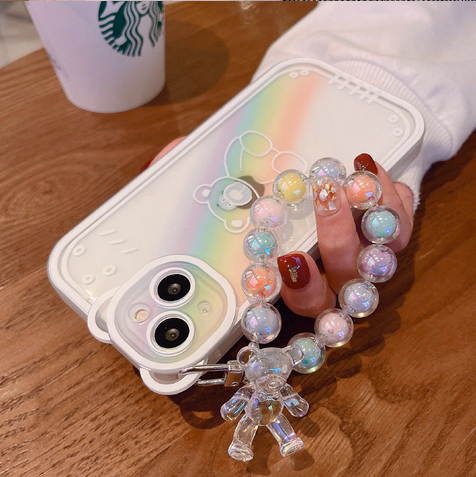 Rainbow Bear Flower Transparent Strap Cover Case for Apple iPhone 14