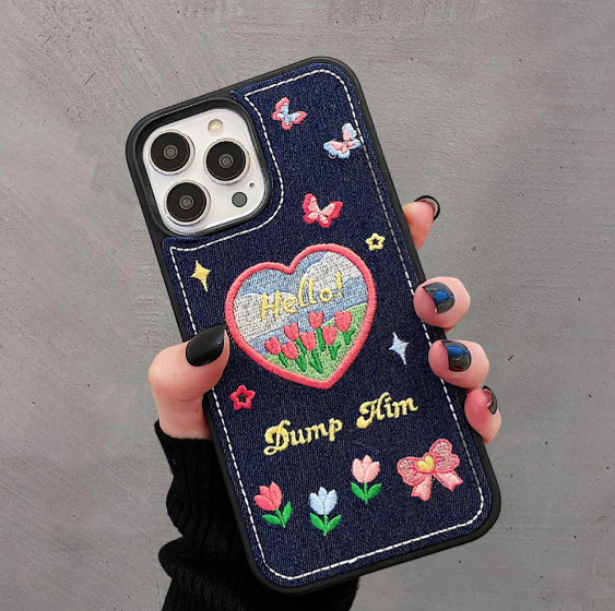 Denim Fabric Embroidery Flower Case for Apple iPhone 14 13 12 Pro Max