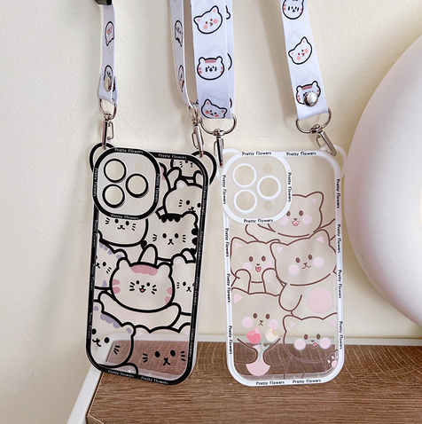 Cartoon Bear Lanyard Silicone Case for Apple iPhone 15 14 13 12 ProMax