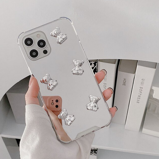 Makeup Mirror Bear Heart Silver Case For Samsung Galaxy S23 S22 S21