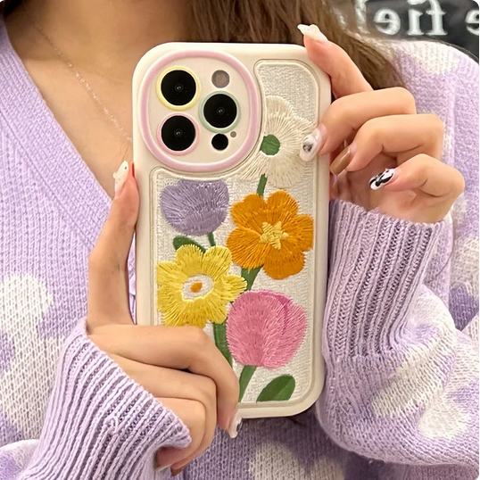 Cute Embroidery Tulip Flowers Case For Apple iPhone 15 14 13 12 11 Pro