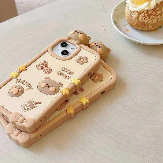 3D Cartoon Tea Bear Cover Case for Apple iPhone 15 14 13 12 11 Pro Max