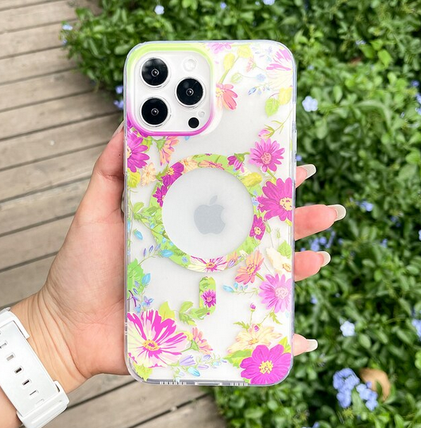 Floral Magnetic Wireless Charge Clear Case for Apple iPhone 15 14 13