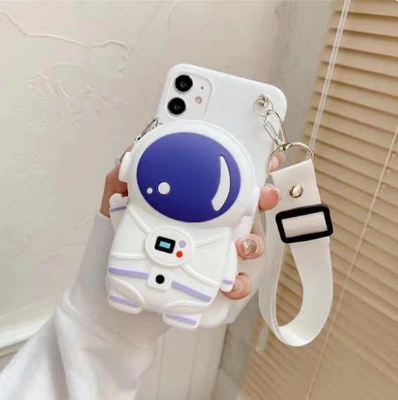 Cartoon 3D Astronaut wallet lanyard Cover Case For Apple iPhone 15 14