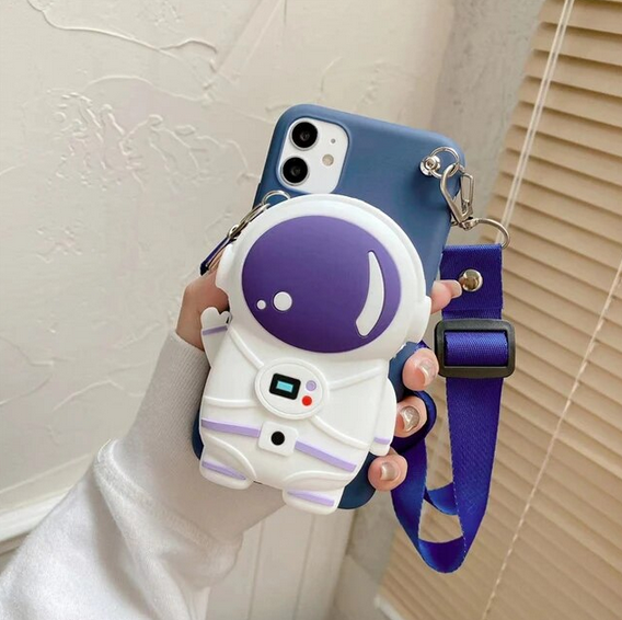 Cartoon 3D Astronaut wallet lanyard Cover Case For Apple iPhone 15 14