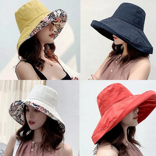 Women's Bucket Hat Fashion Summer Big Brim Sun Beach Hat Double-Sided