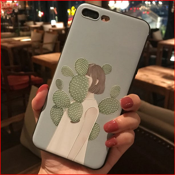 Embossed Girl Cactus Cover Case For Apple iPhone 14 13 12 Pro Max Mini