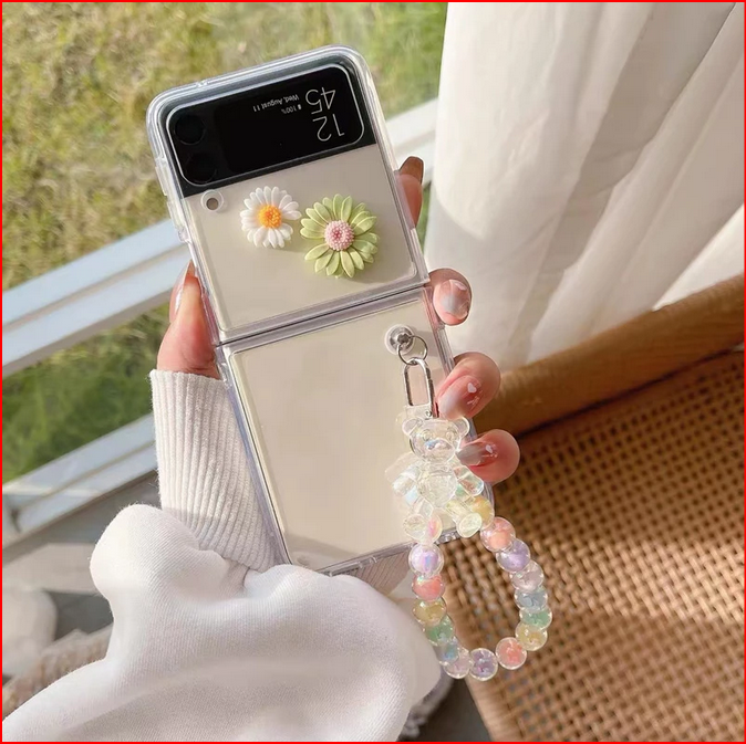 Pearl Bracelet Daisy Flowers Clear Silicone Case For Galaxy Z Flip 3