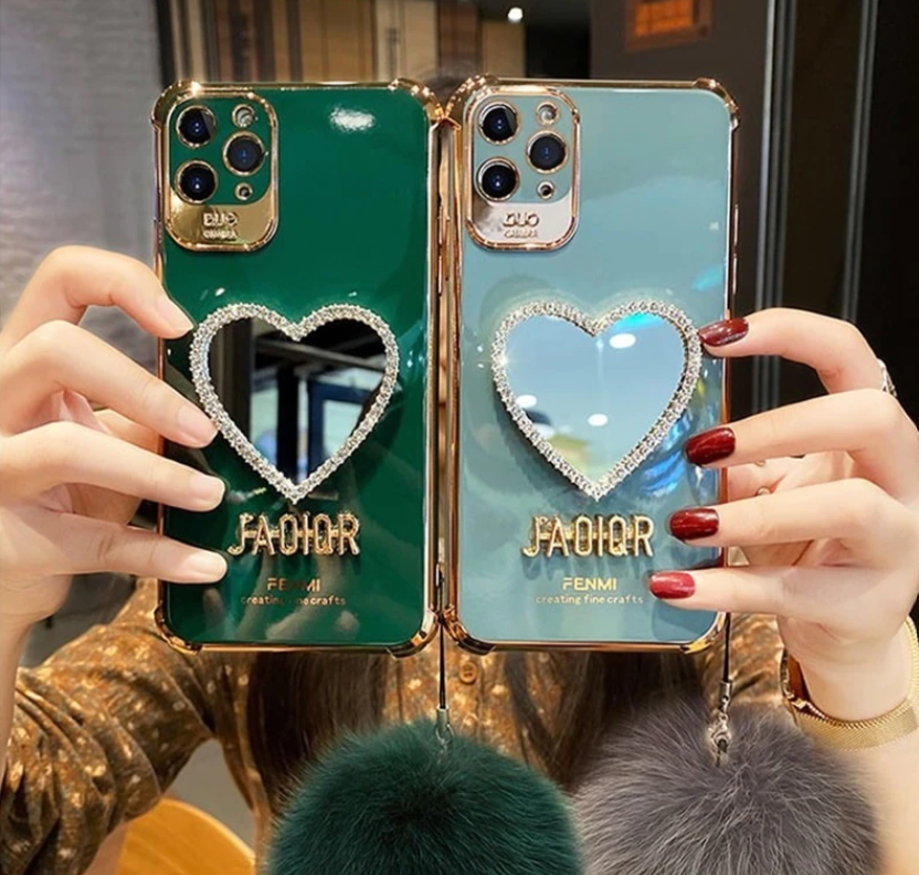 Plating Love Heart Mirror With Hairball Case Apple iPhone 14 13 ProMax