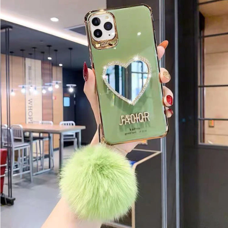 Plating Love Heart Mirror With Hairball Case Apple iPhone 14 13 ProMax