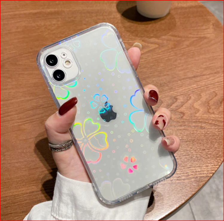 Gradient Laser Love Leaf Clear Case Apple iPhone 15 14 13 12 Pro Max