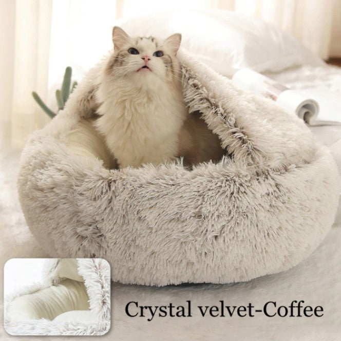 Round Plush Luxury Comfort Bed Semi-enclosed Dog Cat Soft Deep Sleep