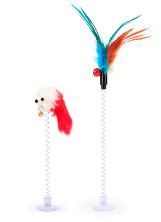 Funny&Fun Cat Toys Feather Stick Spring Suction Cup Bell Cat Supplies